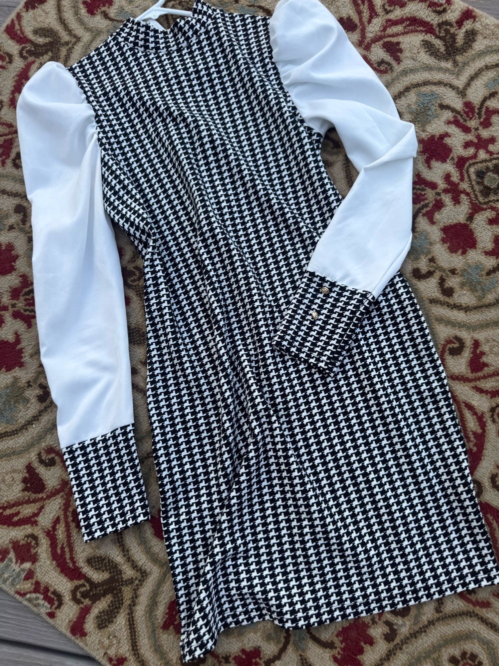 SHEIN Black and White Houndstooth Puff Sleeve Dress